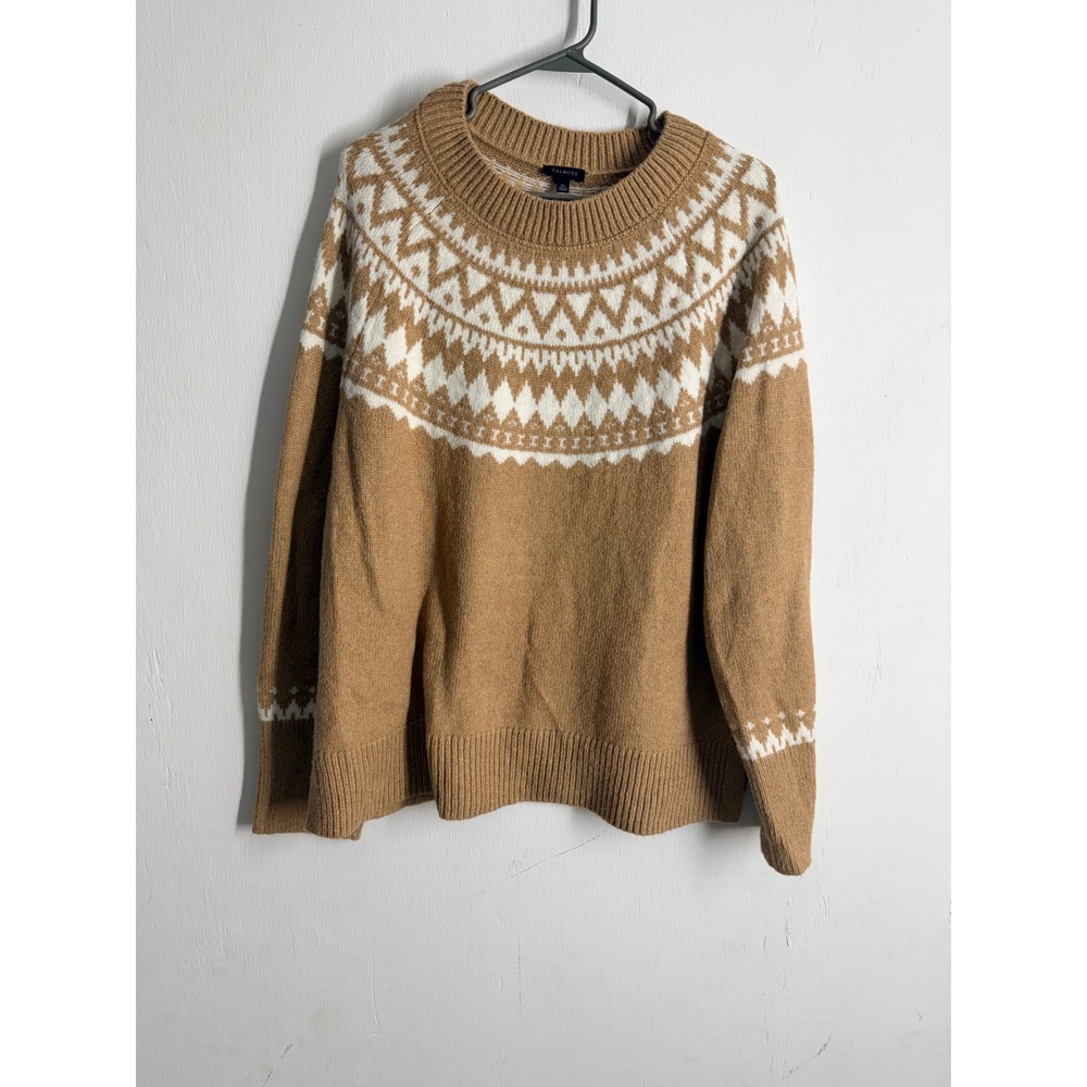Talbots Womens XL Fair Isle Sweater Camel Brown Wool Blend Knit Pullover JO5161